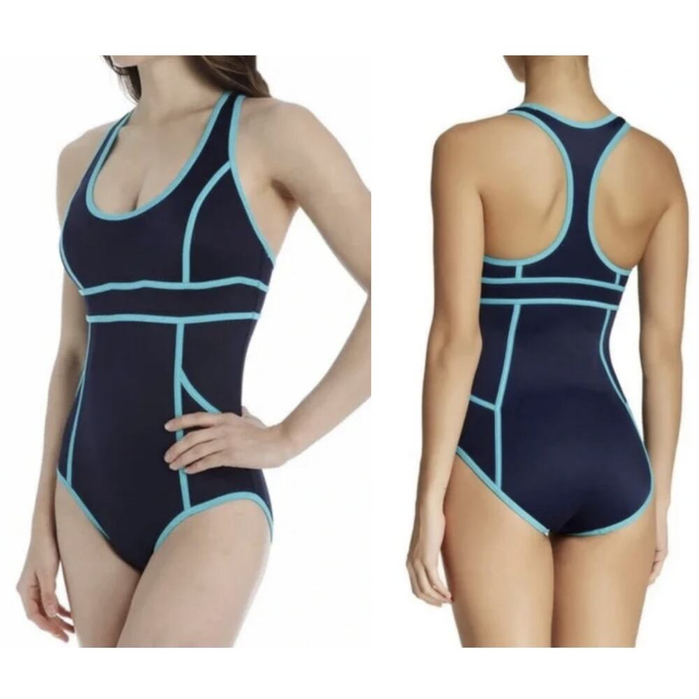 SPANX Navy One-Piece Swimsuit with Light Blue Trim